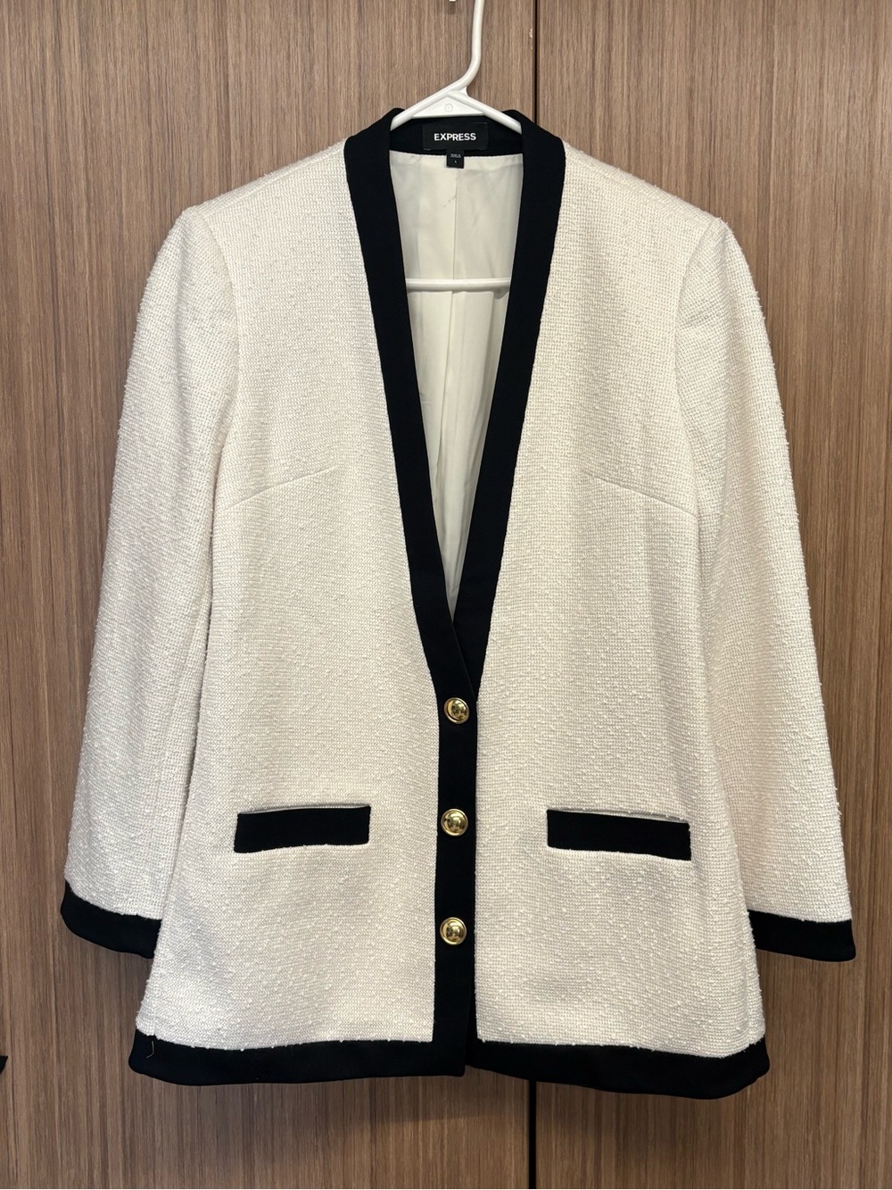 Express Cream Bouclé Blazer with Black Trim and Gold Buttons